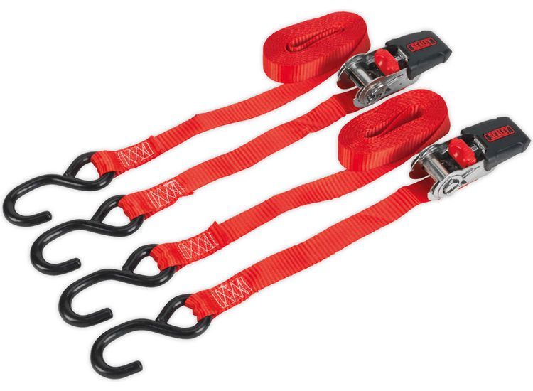 Sealey TD284SD Ratchet Tie Down 25mm x 4m Polyester Webbing with S Hooks 800kg Load Test - Pair