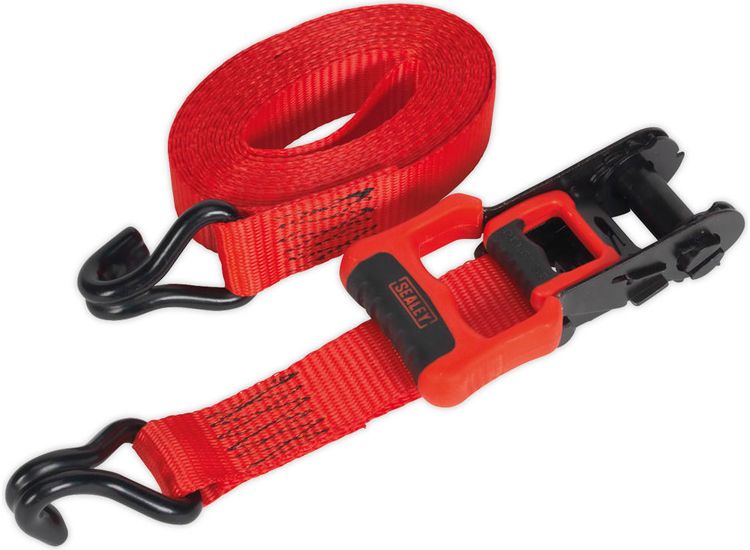 Sealey TD41248JD Ratchet Tie Down 32mm x 4.9m Polyester Webbing with J Hooks 1200kg Load Test - 2 Pairs