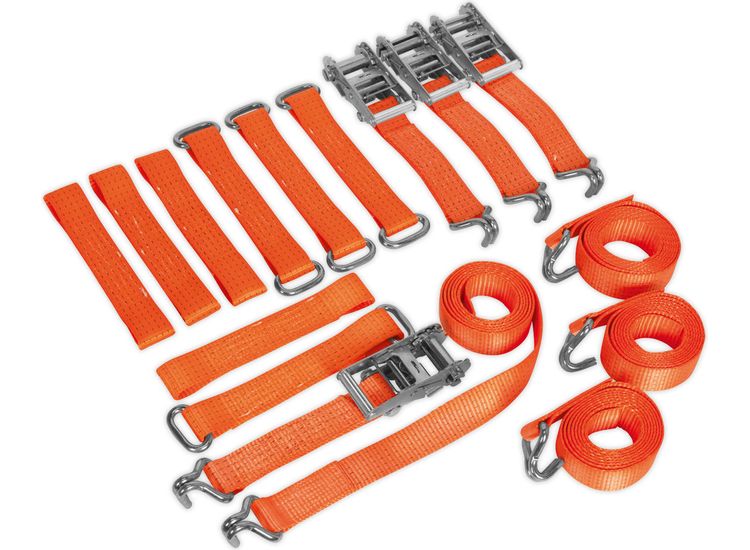 Sealey TDRWKIT Car Transporter Ratchet Tie Down Alloy/Steel Wheel Kit 4pc 50mm x 3m 4500kg Load Test