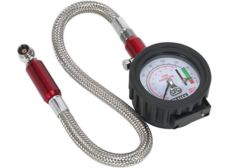Sealey TSTPDG02 Tyre Pressure Gauge with Tyre Tread Depth Gauge - Flexible Hose 0-8bar(0-120psi)