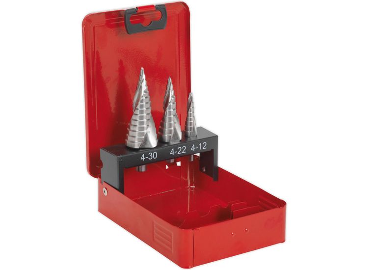 Sealey AK4743 HSS M2 Step Drill Bit Set 3pc Spiral Flute