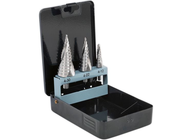 Sealey AK4749 HSS 4341 Step Drill Bit Set 3pc Spiral Flute