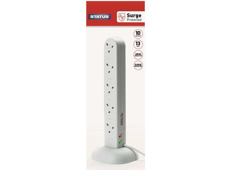 STATUS® Surge Protected Tower Multi Plug Extension 240V 10-Gang 13A White 2m