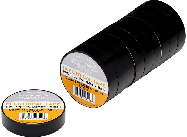 Draper 29496 Black PVC Electrical Insulation Tape, 19mm x 33m (Pack of 10)