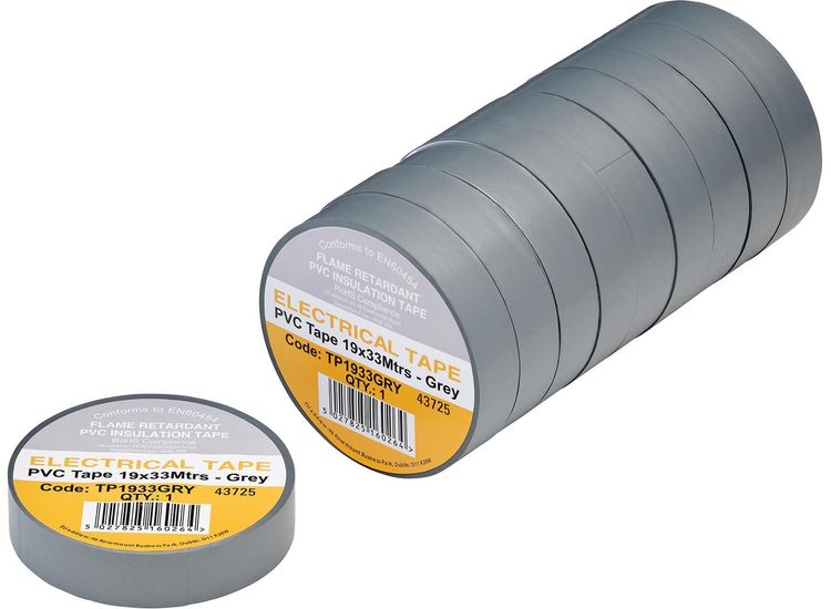 Draper 29500 Grey PVC Electrical Insulation Tape, 19mm x 33m (Pack of 10)