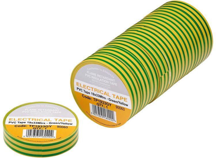 Draper 29504 Green/Yellow PVC Electrical Insulation Tape, 19mm x 33m (Pack of 10)