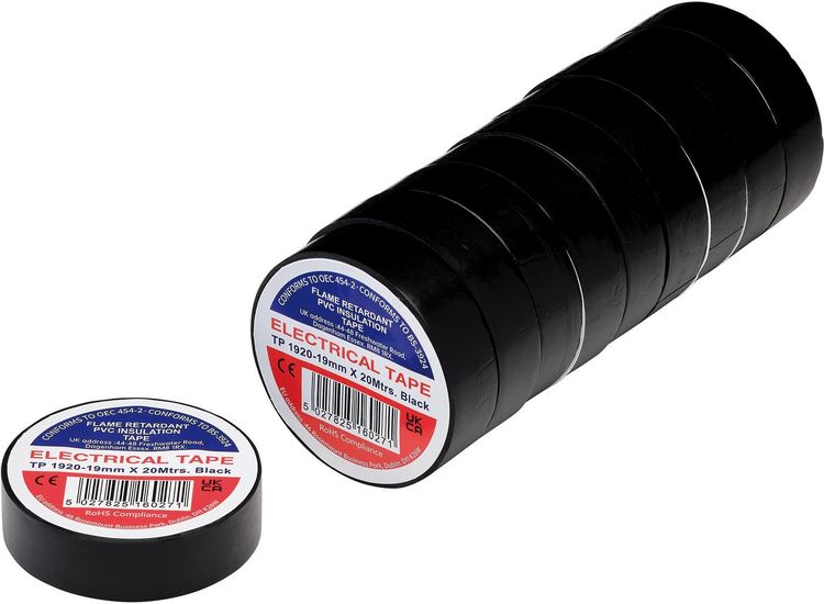 Draper 29505 Black PVC Electrical Insulation Tape, 19mm x 20m (Pack of 10)