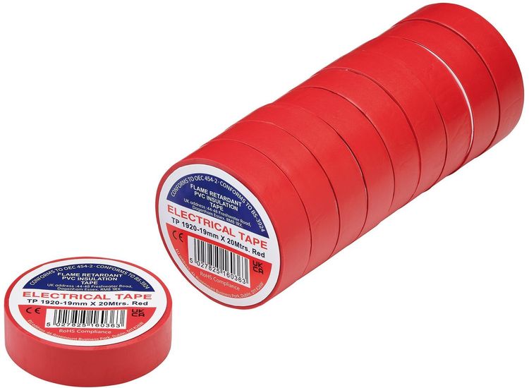 Draper 29530 Red PVC Electrical Insulation Tape, 19mm x 20m (Pack of 10)