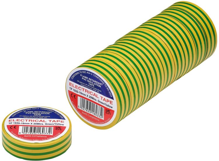Draper 29533 Green/Yellow PVC Electrical Insulation Tape, 19mm x 20m (Pack of 10)