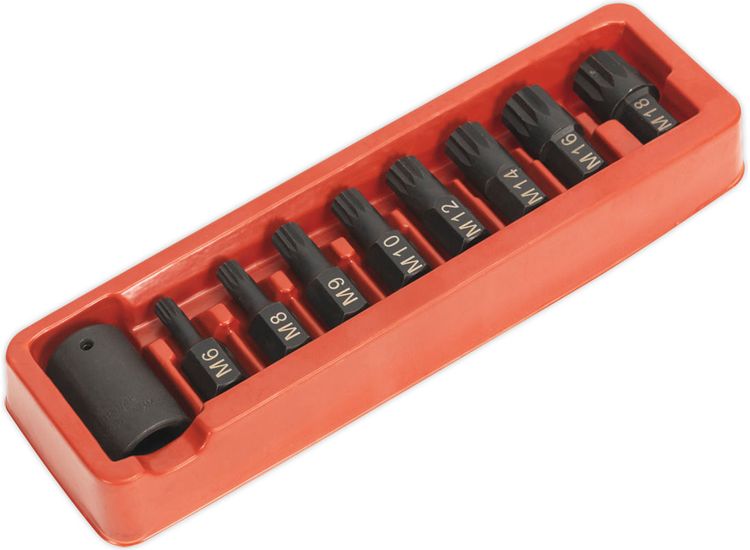 Sealey AK5611 Impact Spline Bit &amp; Holder Set 9pc 1/2"Sq Drive